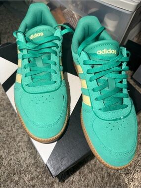 Adidas Lighter Green Suede Sneakers with Yellow Stripes